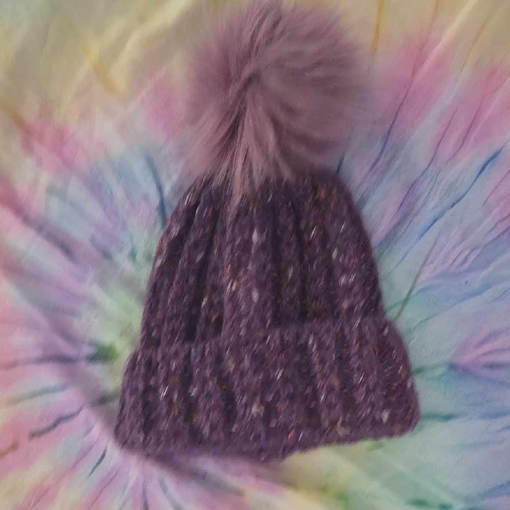 Anthropologie Purple Knit Beanie with Pom Pom